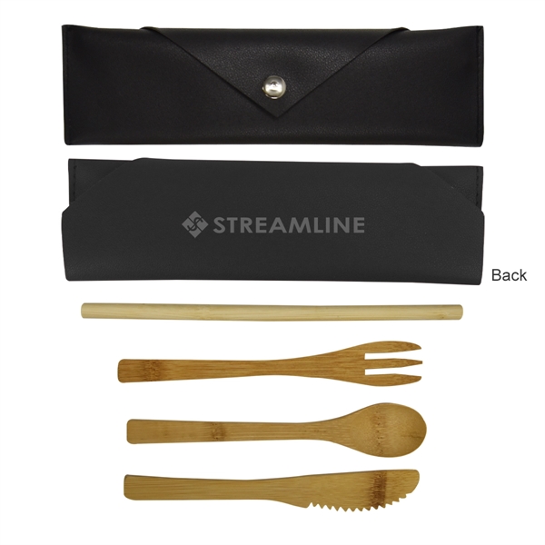 3 Piece Bamboo Utensil Set In Leatherette Pouch - Image 4