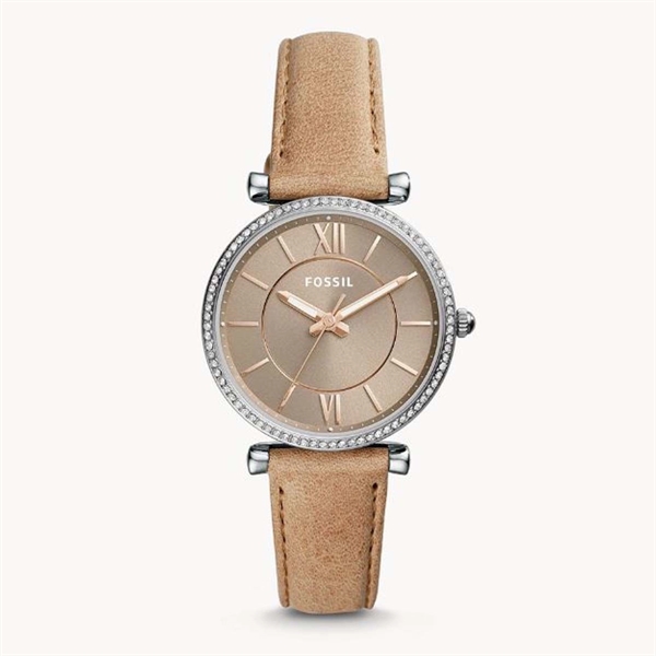 Fossil Ladies Carlie Sand Leather Strap Crystal Watch