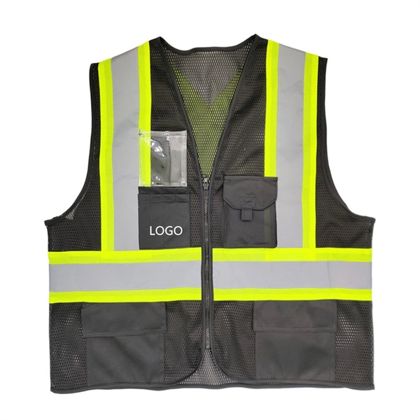5 Pockets High Visibility Black Mesh Safety Vest