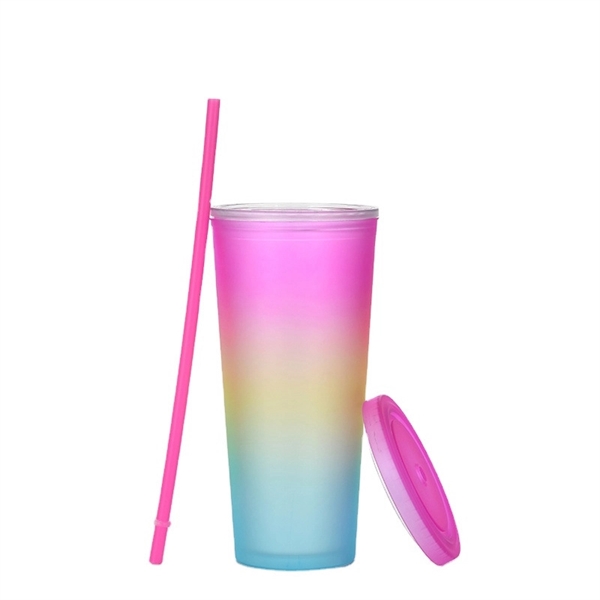 Gradient Plastic Cup Outdoor Mug W/Straw