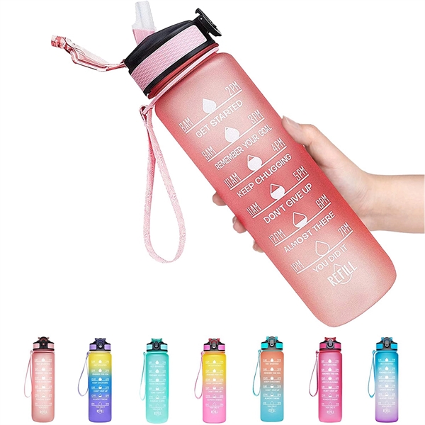32oz Drinking Water Bottle With Time Marker And Straw