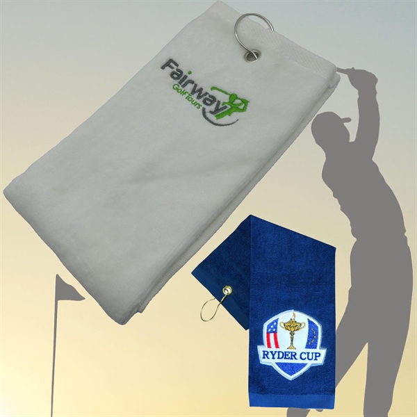 100% Cotton Embroidered Golf Towel w/ Carabiner 15.5
