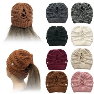 Ponytail Knitted Beanie Hat With Mask Buckles