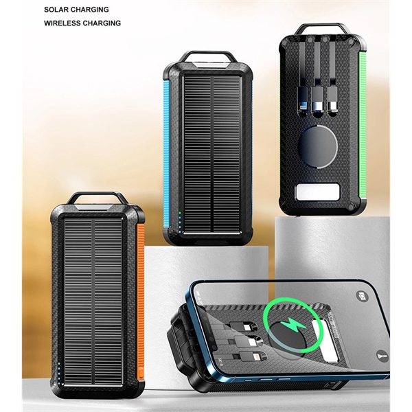 Qi Solar Wireless Power Bank Mobile Charger Built in Cable