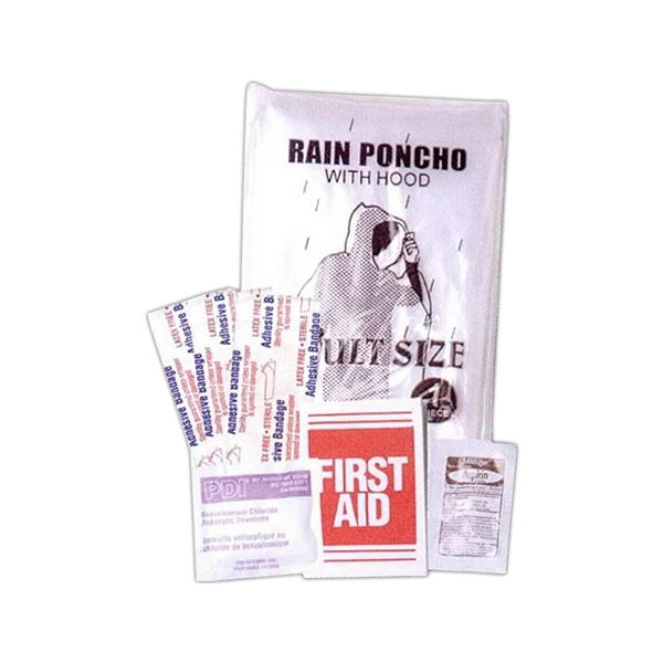 First aid kit and rain poncho