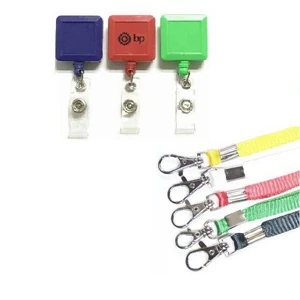 Square retractable badge holder with lanyard
