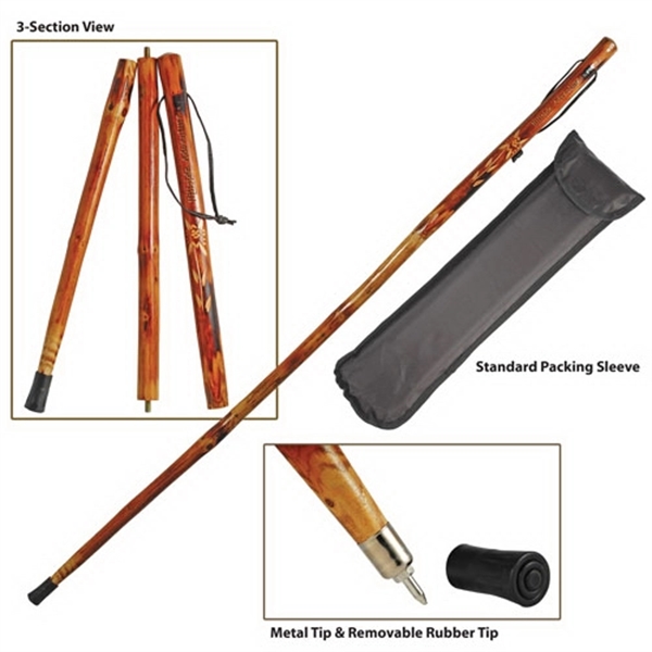 55" 3-Section Wooden Hiking Stick - Image 1