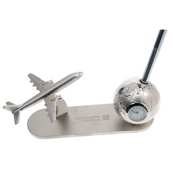 Metal airplane pen holder and globe clock