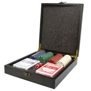 Poker game set packaged in black wooden box