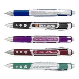 Two-toned plunger pen with colored rubber grip