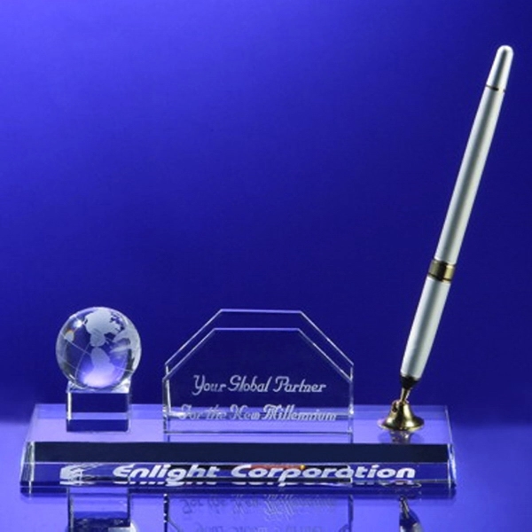 Award-Business card holder with Globe Pen Set w/ Silver Pen