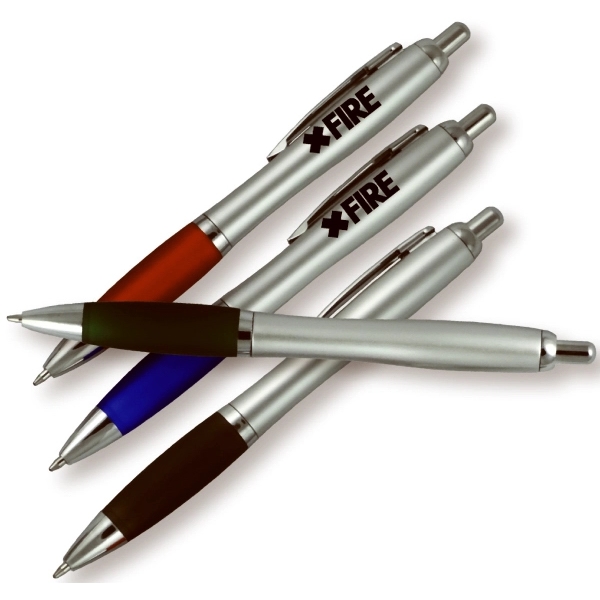 Silver Barrel Ballpoint Pen w/Colored Rubber Grip - Image 1