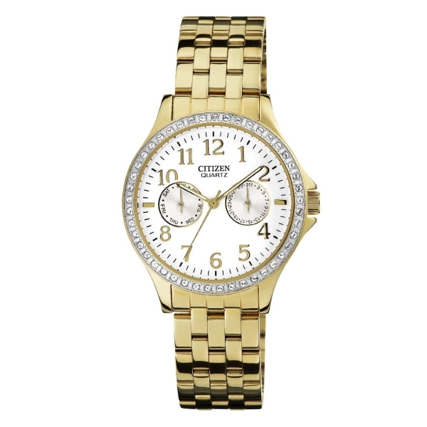 Ladies Quartz Gold Tone Watch with Crystals on Bezel