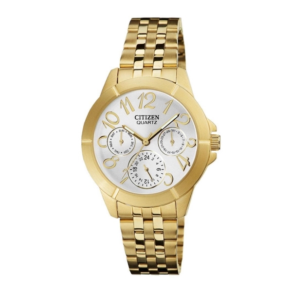 Ladies Quartz Gold Tone Stainless Steel Watch, Silver Dial