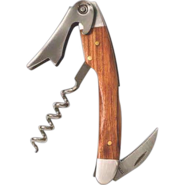 Straight Stainless Steel Corkscrew With Brown Wood Inset - Image 1