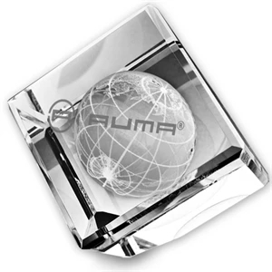 3-D Globe Standing Glass Crystal Cube Paperweight