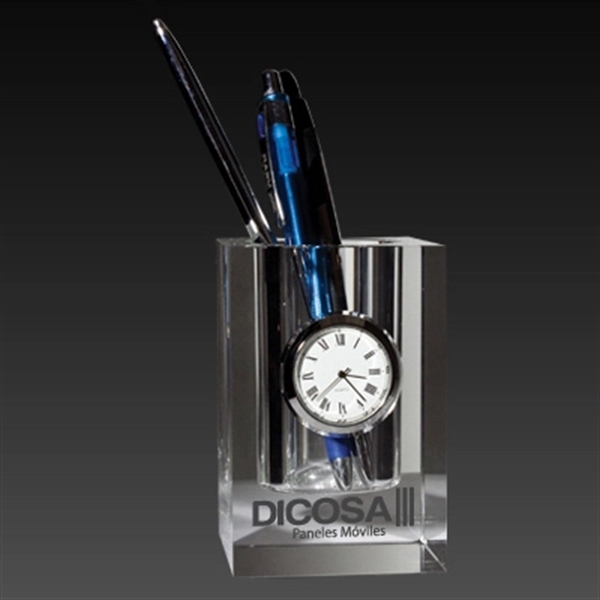 Classic Glass Crystal Pen Holder With Clock - Image 1