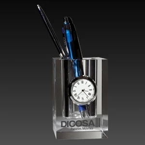 Classic Glass Crystal Pen Holder With Clock